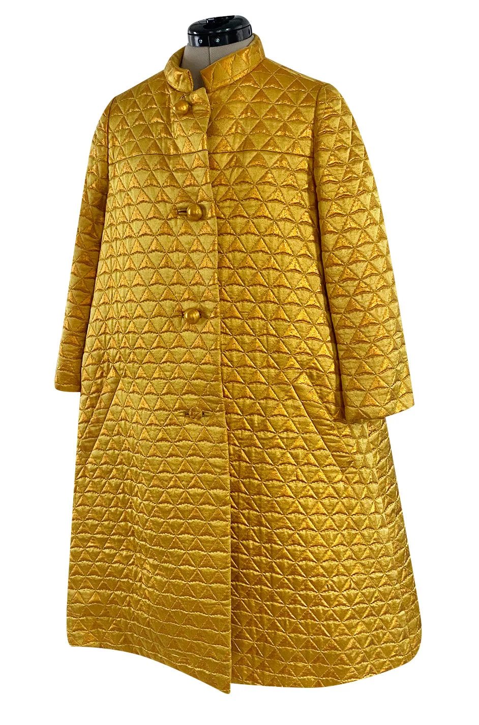 Stunning 1960s George Halley Bright Gold Metallic Puffed Quilted Silk Brocade Tent Coat