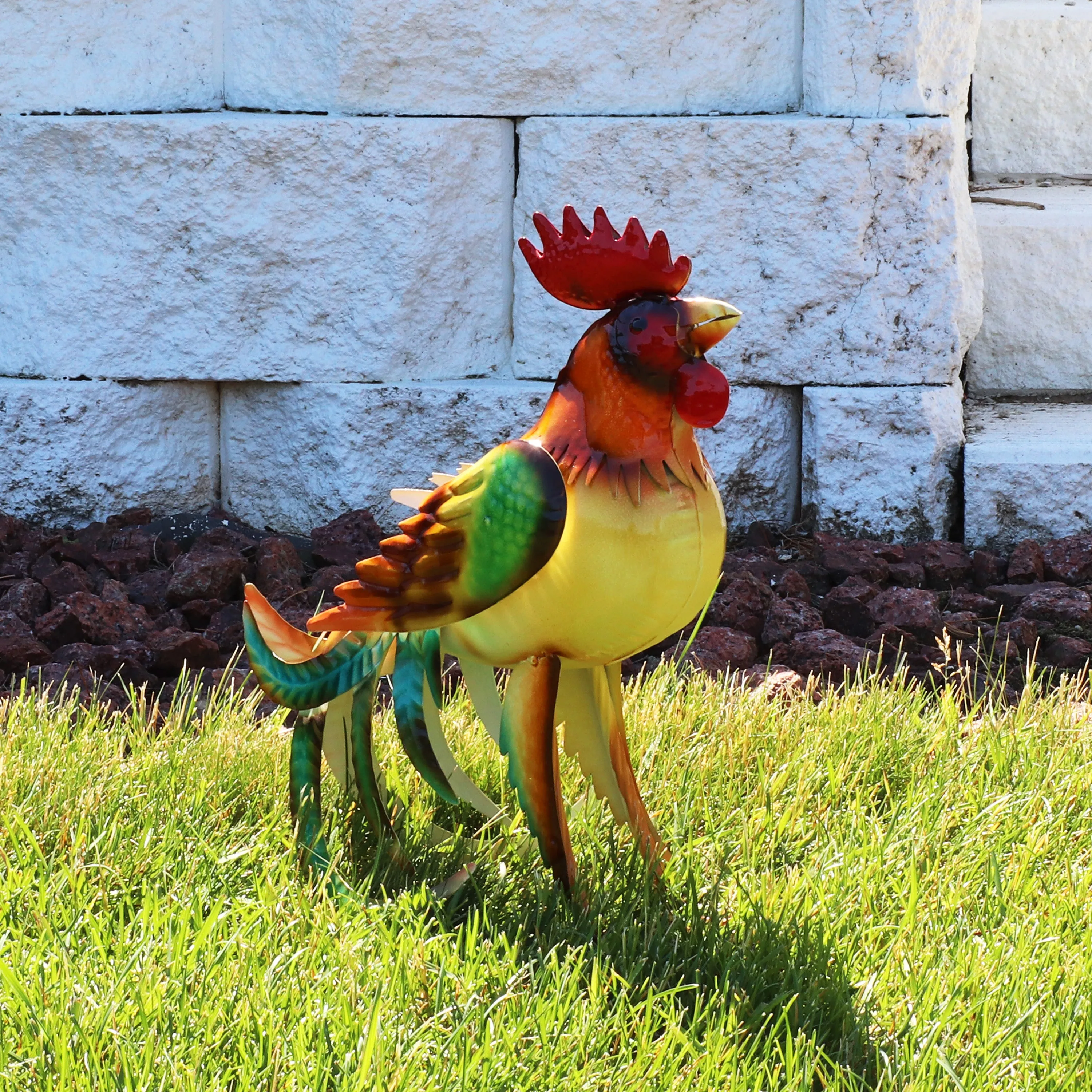 Sunnydaze Romeo the Rooster Metal Outdoor Statue - 16"