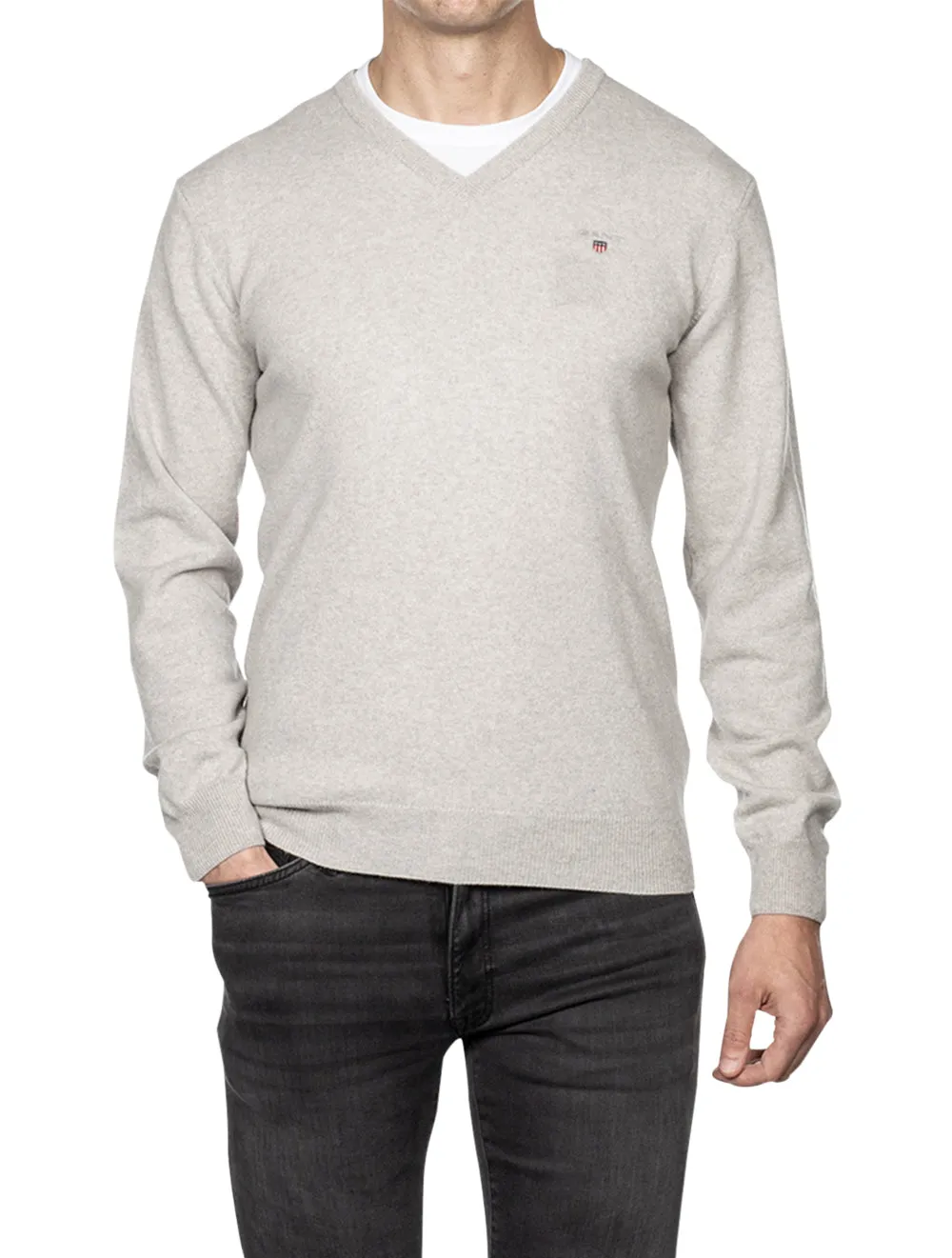 Super Fine Lambswool V-Neck Sweater Light Grey Melange