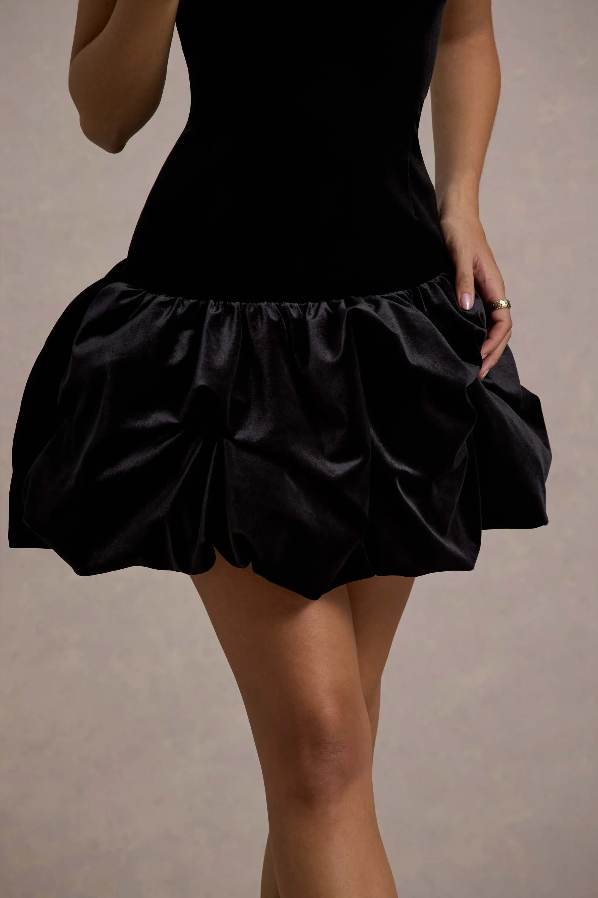 Sutton | Black Velvet Square-Neck Ruffle-Hem Mini Dress