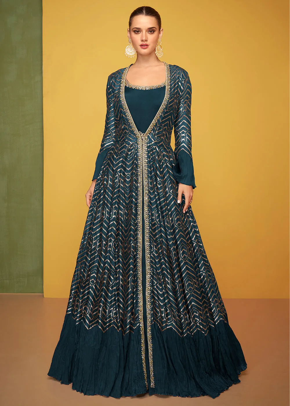 Tempting Blue Chinon Fabric Jacket Style Designer Anarkali Gown