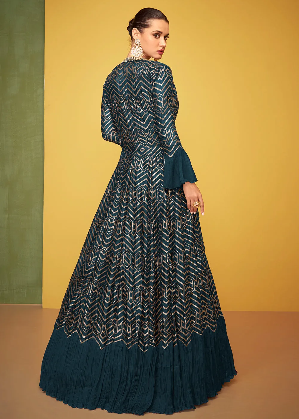 Tempting Blue Chinon Fabric Jacket Style Designer Anarkali Gown