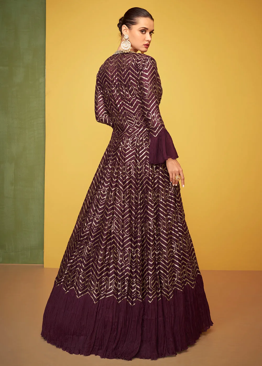 Tempting Wine Chinon Fabric Jacket Style Designer Anarkali Gown