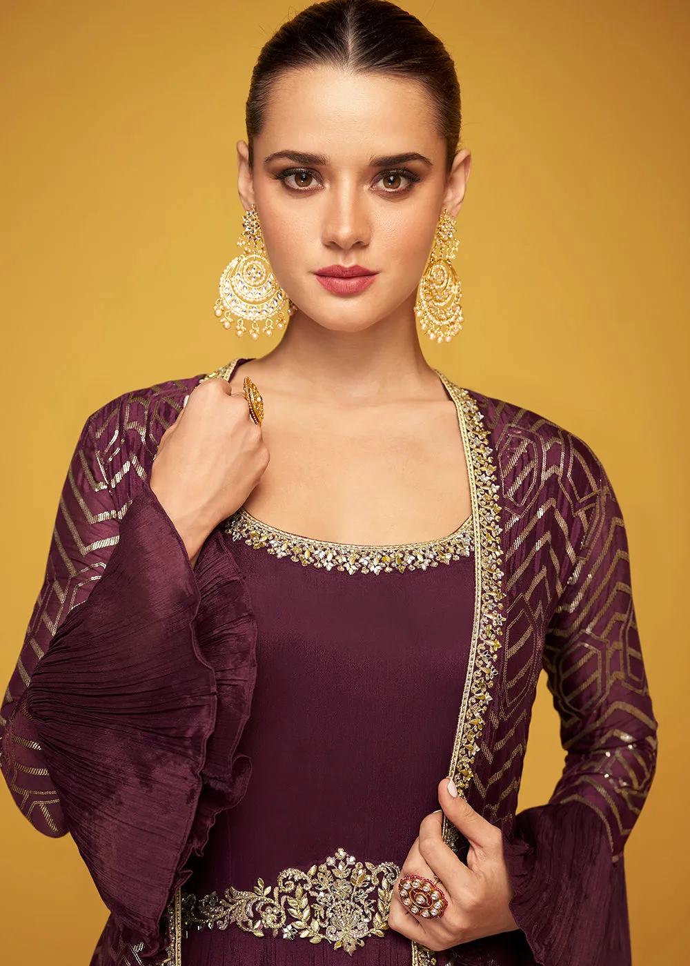 Tempting Wine Chinon Fabric Jacket Style Designer Anarkali Gown