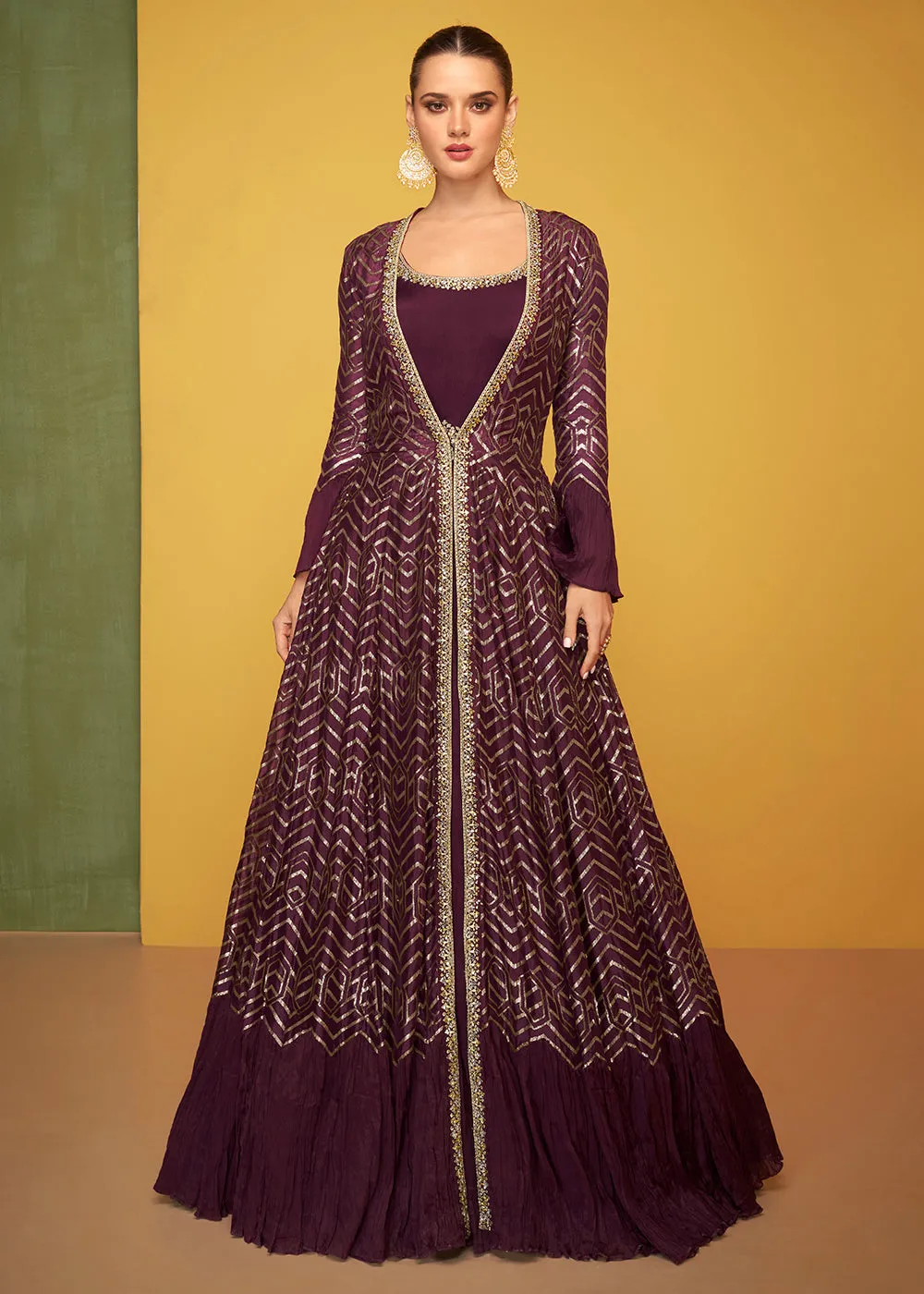 Tempting Wine Chinon Fabric Jacket Style Designer Anarkali Gown