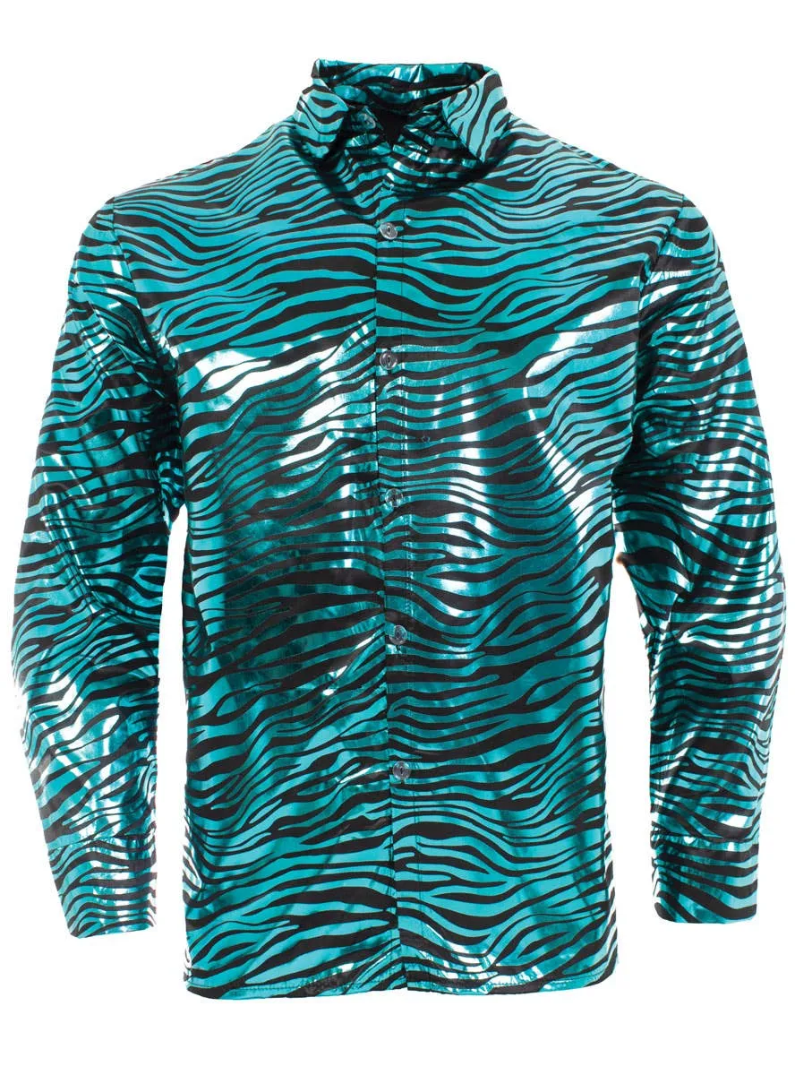 Tiger King Blue Metallic Tiger Print Mens Plus Size Costume Shirt