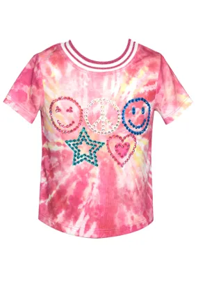 Toddler I Little Girl’s Rhinestone Emoji Tie Dye T-Shirt