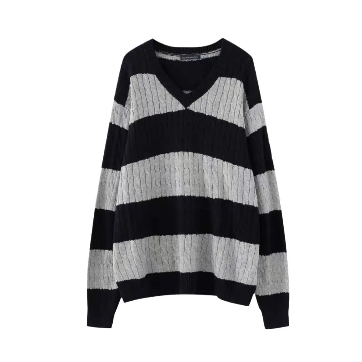 Toleet bm Vintage Striped Loose Sweater Women's BM Coat Stitching V-neck Twist Sweater Top