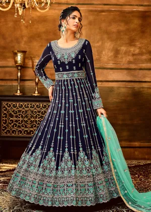 Trendy Navy Blue & Aqua Embroidered Wedding Anarkali Gown