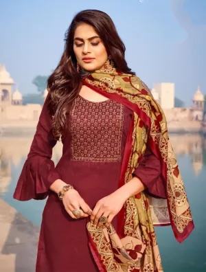 Unstitched Ethnic Maroon Salwar Suit Set Material with Embroidery