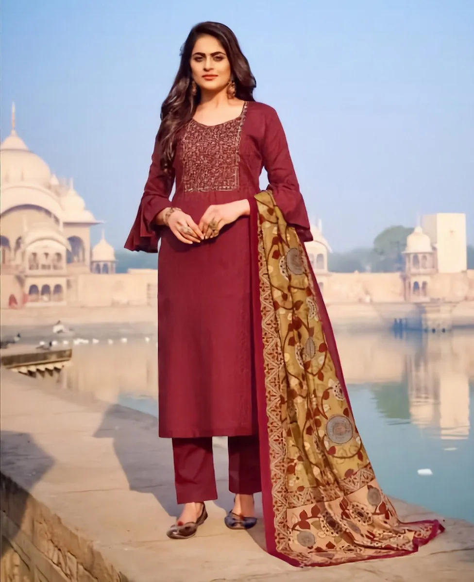 Unstitched Ethnic Maroon Salwar Suit Set Material with Embroidery