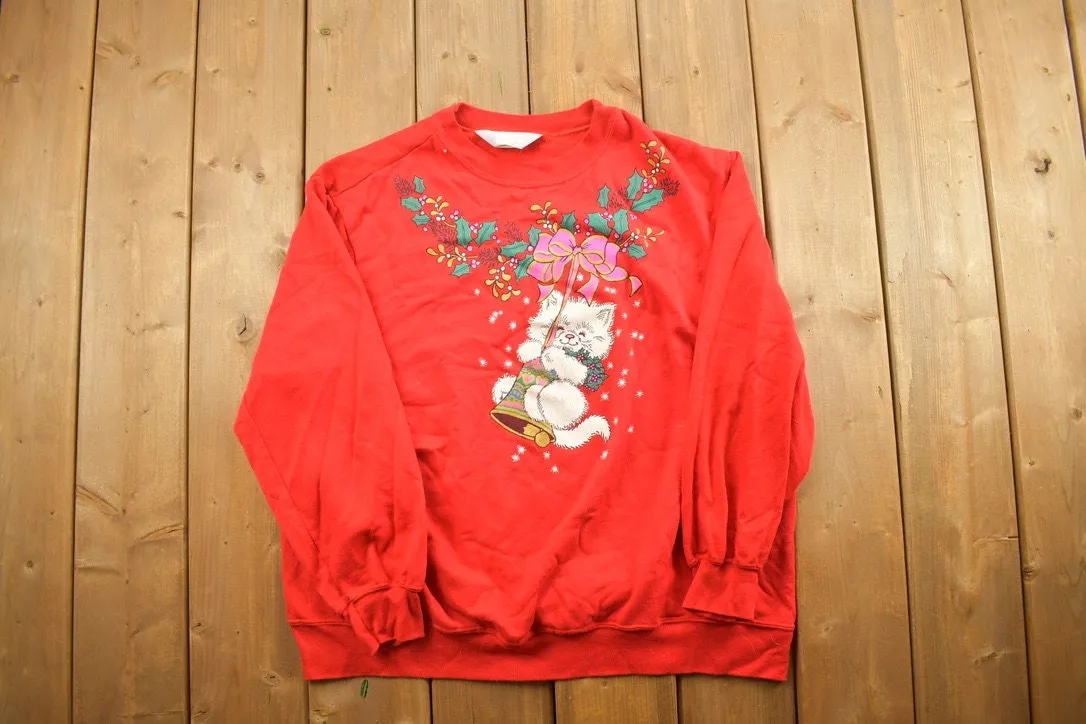 Vintage 1990s Cute Christmas Kitten Crewneck Sweater