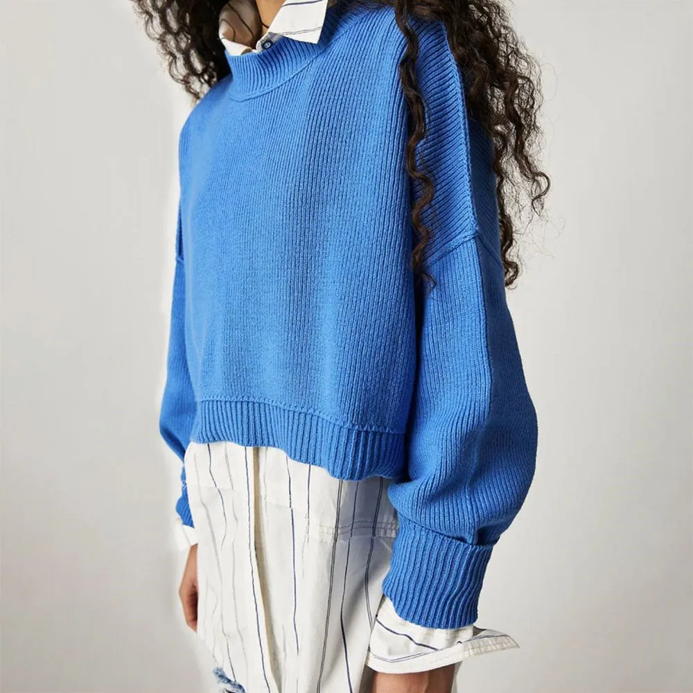 Vintage Crew Neck Inside Out Ribbed Knit Crop High Low Oversized Sweater