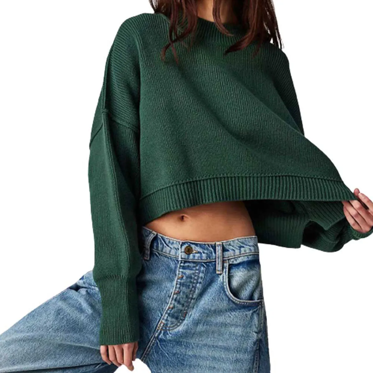 Vintage Crew Neck Inside Out Ribbed Knit Crop High Low Oversized Sweater