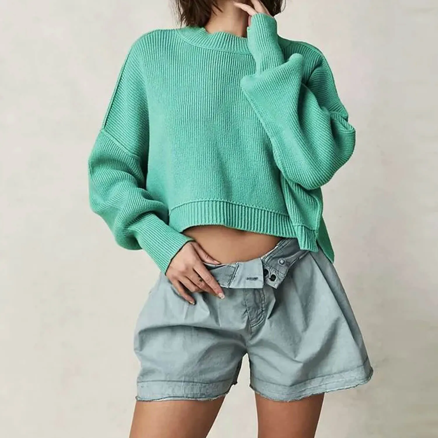 Vintage Crew Neck Inside Out Ribbed Knit Crop High Low Oversized Sweater