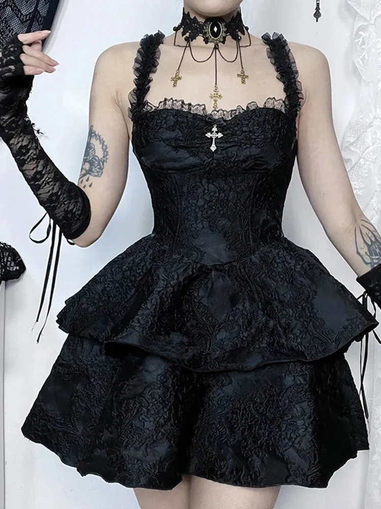 Vintage Gothic Jacquard Double Cake Lace Backless Suspender A Line Mini Dress