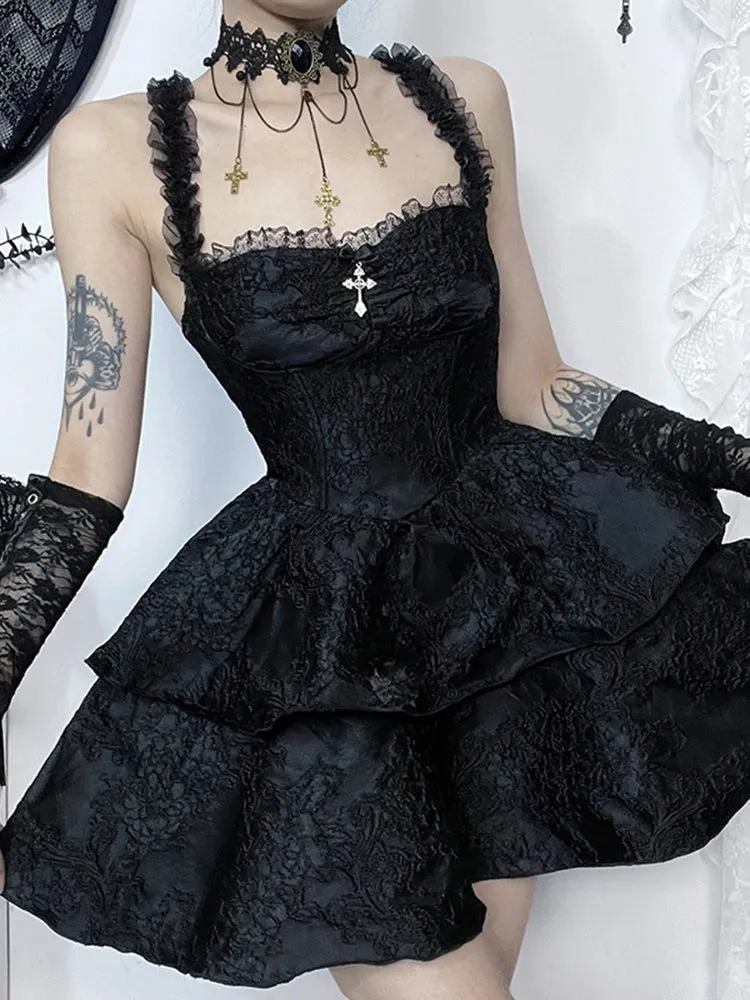 Vintage Gothic Jacquard Double Cake Lace Backless Suspender A Line Mini Dress