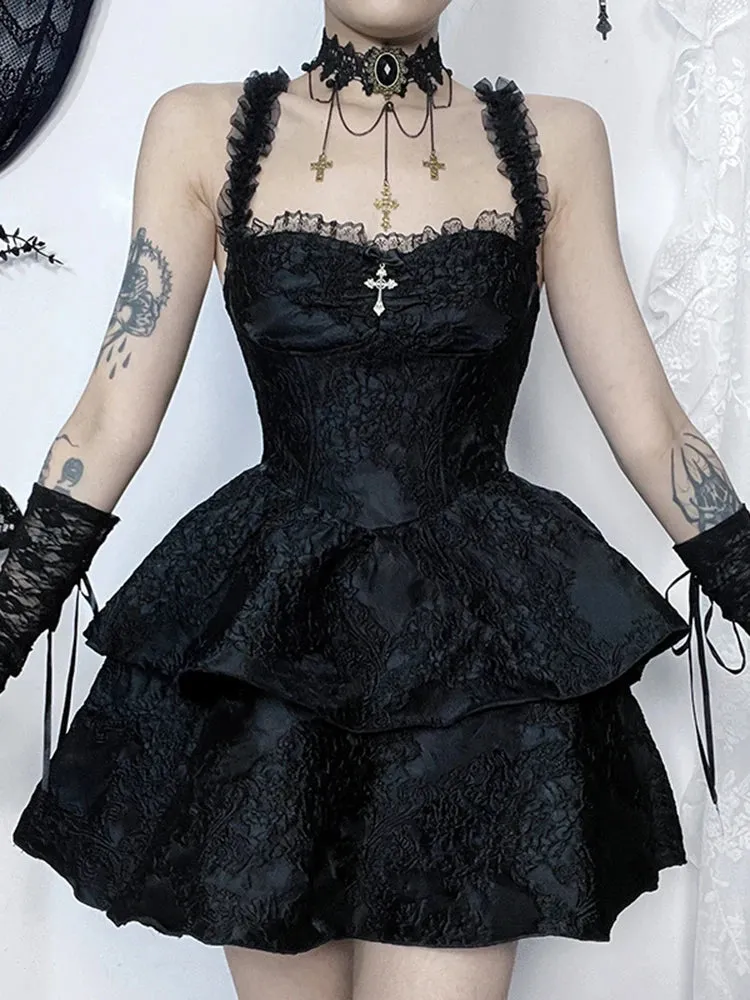 Vintage Gothic Jacquard Double Cake Lace Backless Suspender A Line Mini Dress