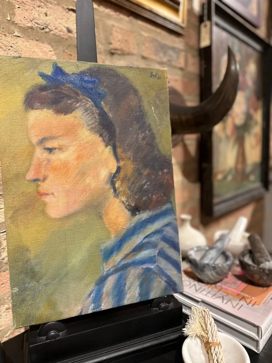 Vintage Portrait Oil of Female looking sideways