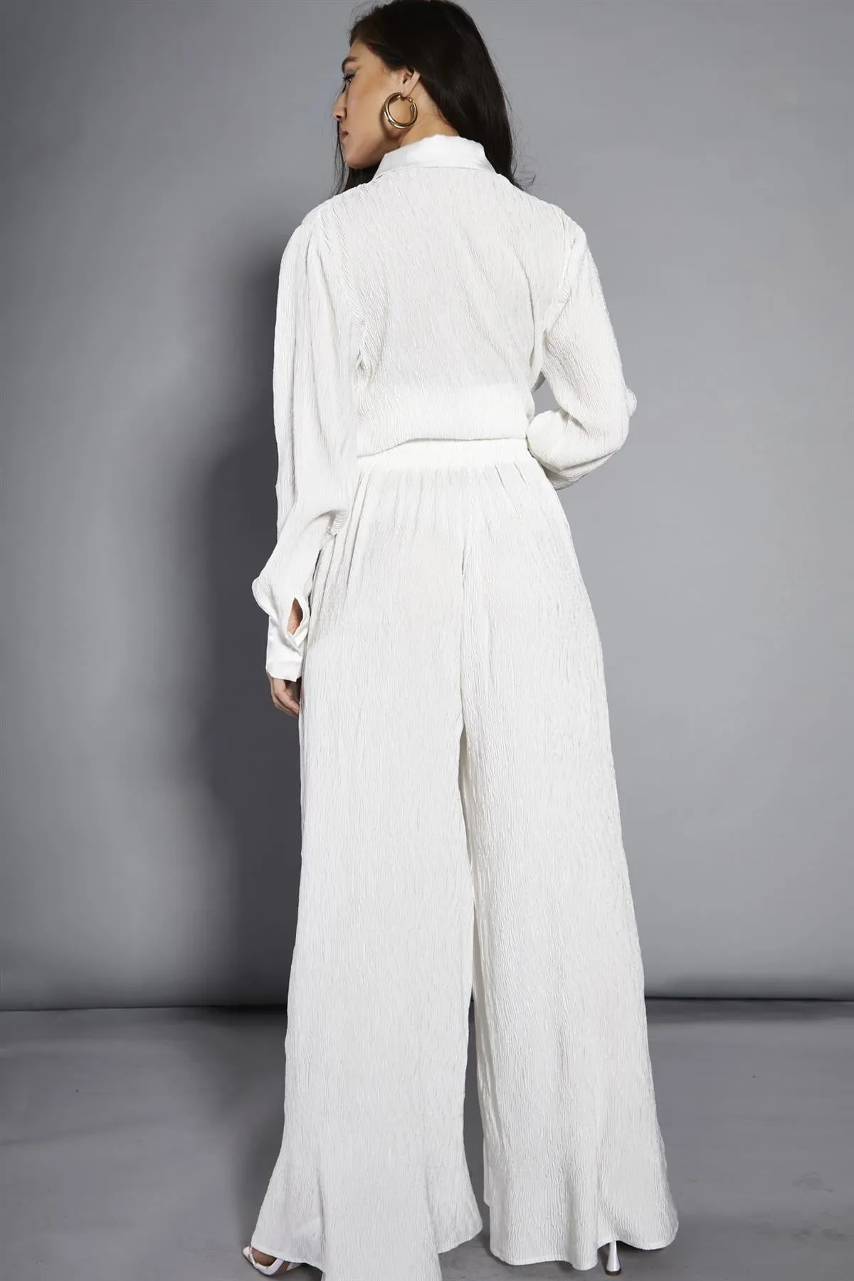 White Plisse Wide-Leg-Trousers