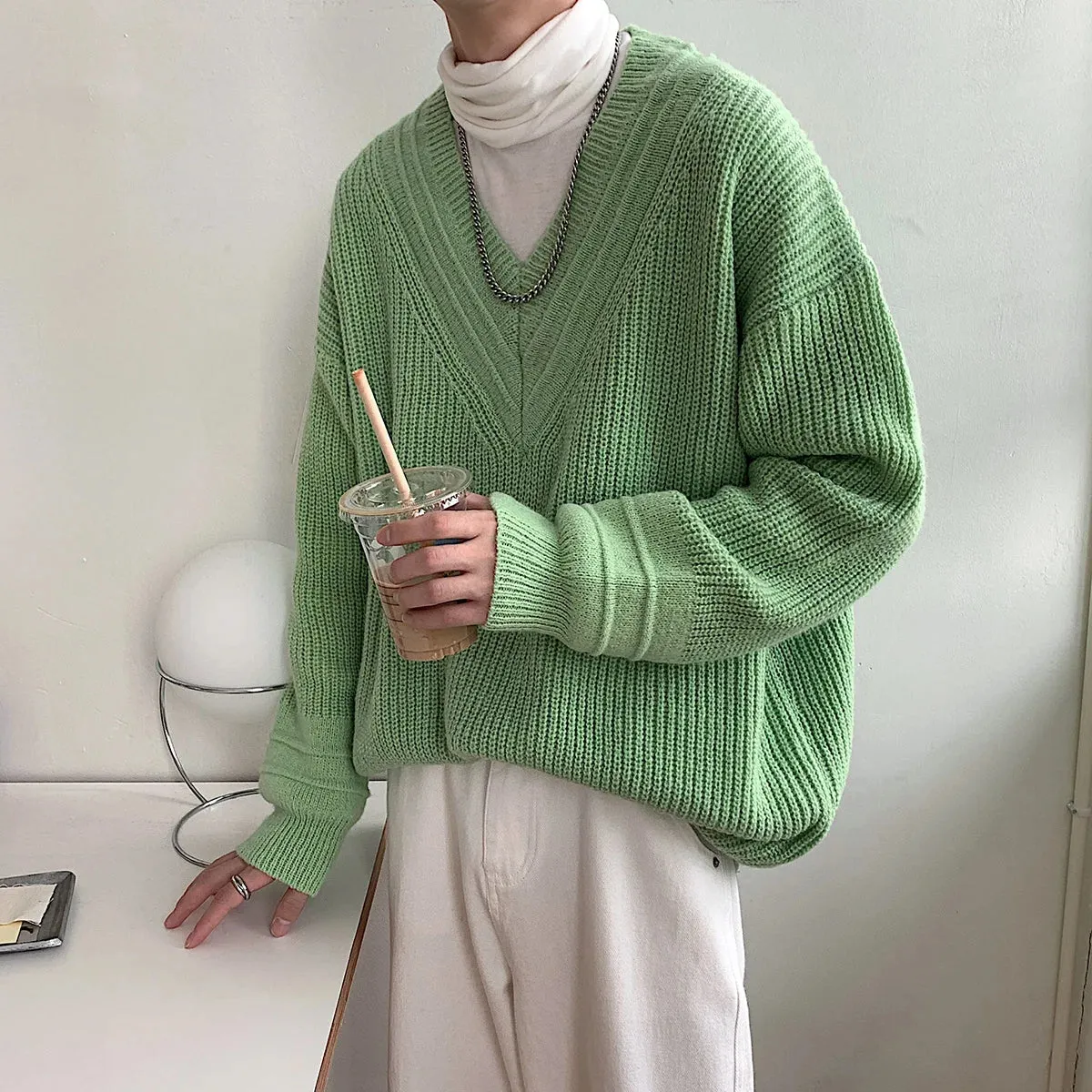 Wiaofellas Winter Men's V-neck Long Sleeve Wool Sweaters Fashion Trend Loose Knitting Causal Green/pink Coat Homme Clothes Pullover