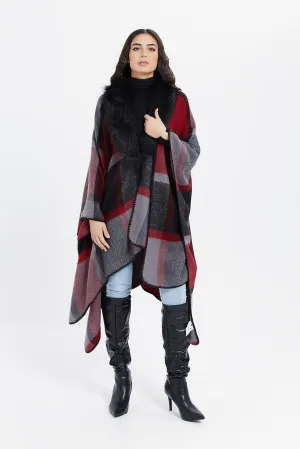 Women Assorted Checked Poncho With Fur Trim