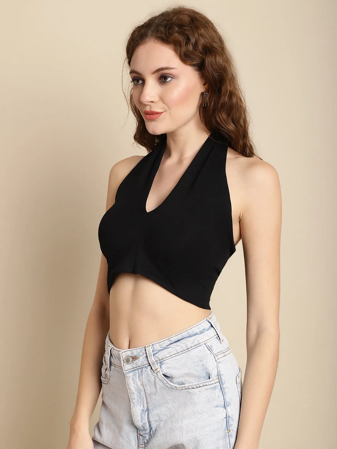 Women Black Halter Neck Crop Top