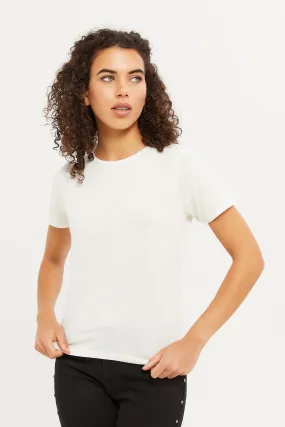 Women White Solid Metallic T-Shirt