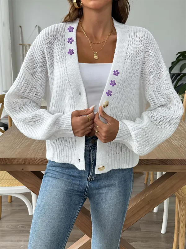 Women’s Button-Up Crop Cardigan | Purple Flower Embroidery Sweater