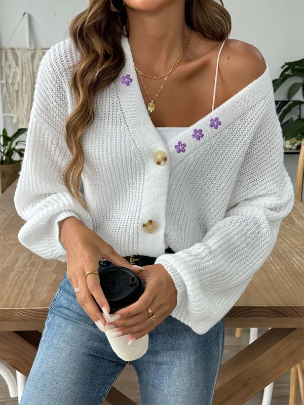 Women’s Button-Up Crop Cardigan | Purple Flower Embroidery Sweater