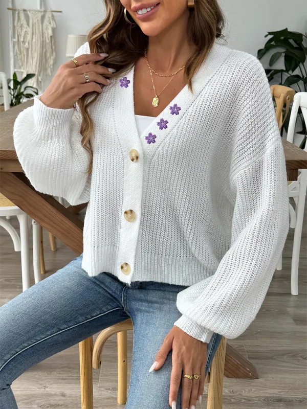 Women’s Button-Up Crop Cardigan | Purple Flower Embroidery Sweater