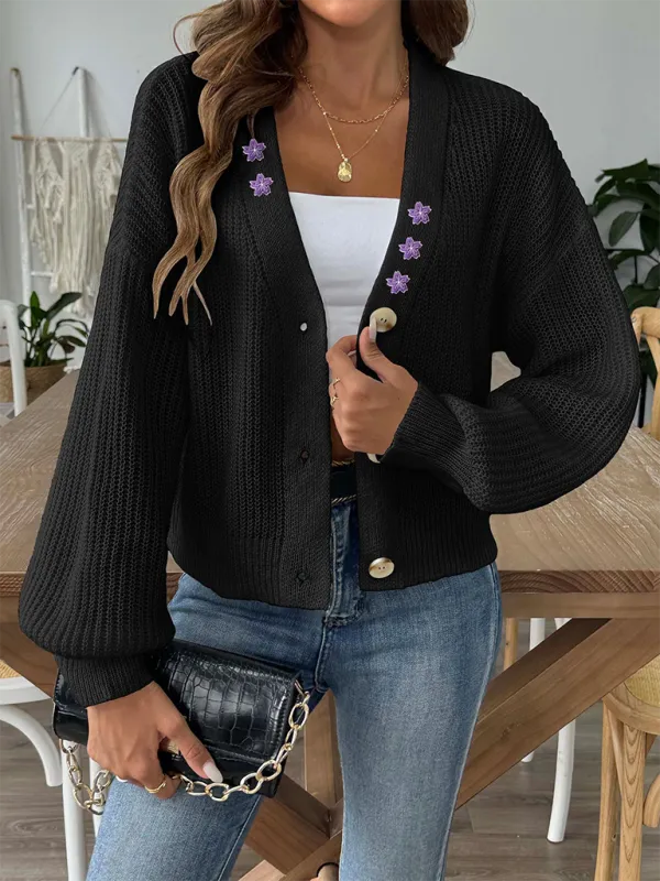 Women’s Button-Up Crop Cardigan | Purple Flower Embroidery Sweater