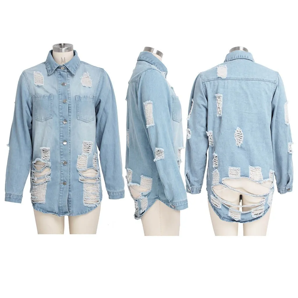 women's fashion acid-wash fray distressed long kind denim jacket