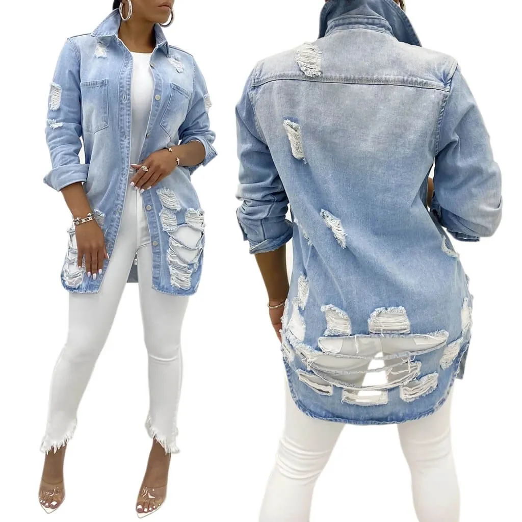 women's fashion acid-wash fray distressed long kind denim jacket