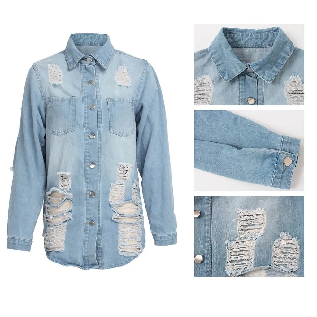 women's fashion acid-wash fray distressed long kind denim jacket