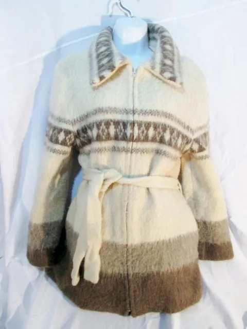 Womens ICEWOOL ICELAND Fair Isles Wool Knit Sweater Cardigan XL ECRU Belt Ethnic