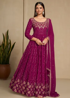 Zari & Sequins Embroidered Cherry Pink Anarkali Suit