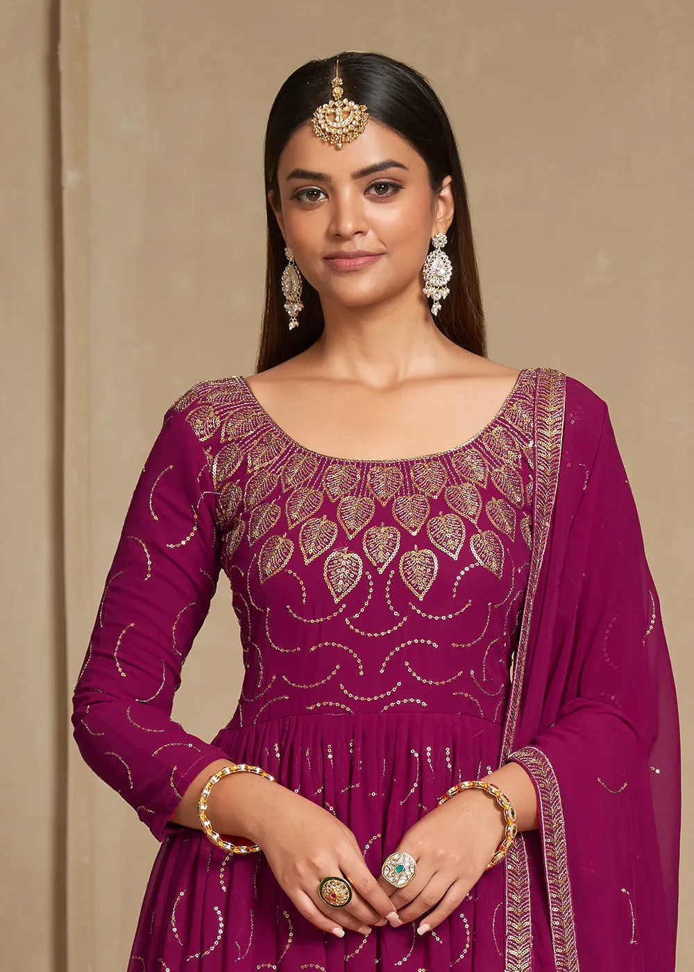 Zari & Sequins Embroidered Cherry Pink Anarkali Suit