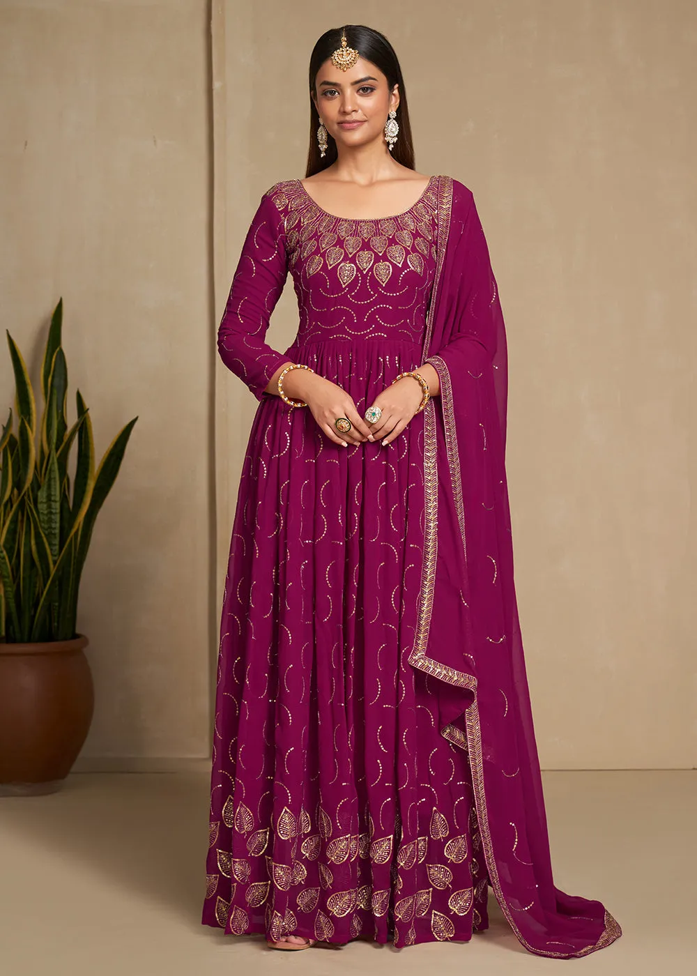 Zari & Sequins Embroidered Cherry Pink Anarkali Suit