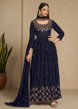 Zari & Sequins Embroidered Navy Blue Anarkali Suit